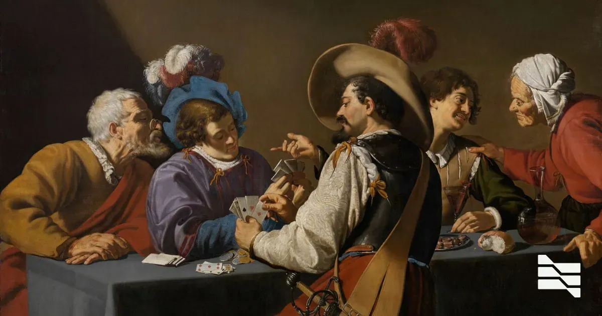 A group of individuals from a historical scene engaging in a card game, symbolizing strategic freelance soft skills.