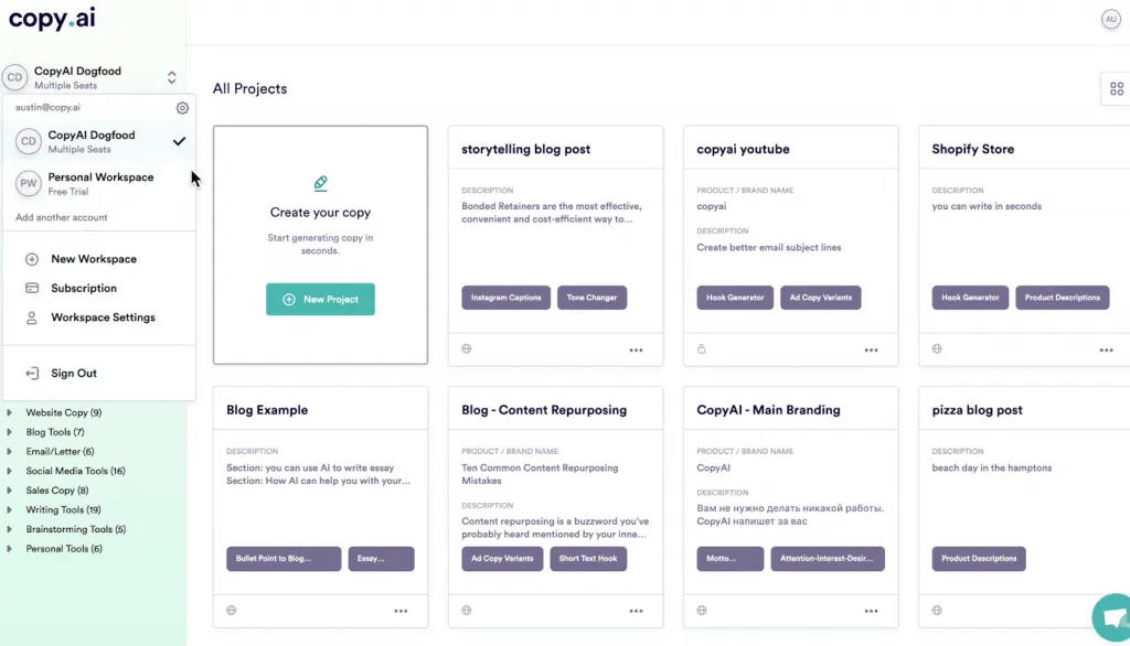 Screenshot of Copy.ai app for freelancers