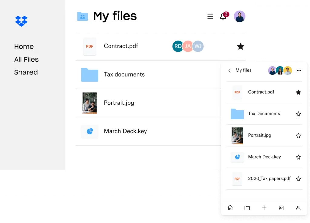 Screenshot of Dropbox app for freelancers