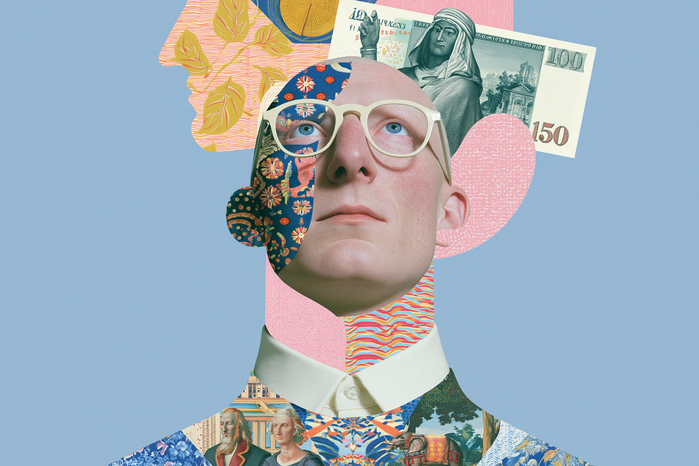 Collage portrait of a person with glasses made of currency, patterns and history motifs.