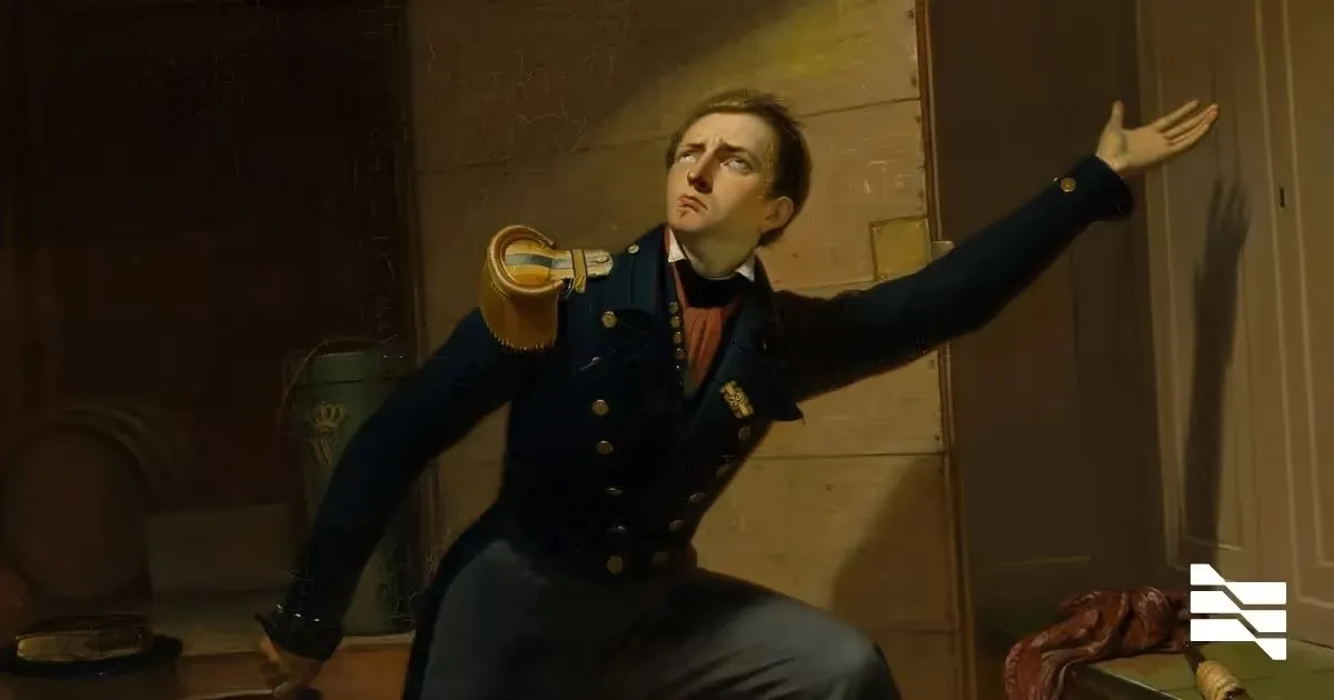 "Classical painting of a naval officer in a dramatic pose, exemplifying assertiveness, tied to the theme of 'When and How to Ask for Payment Upfront as a Freelancer'.
