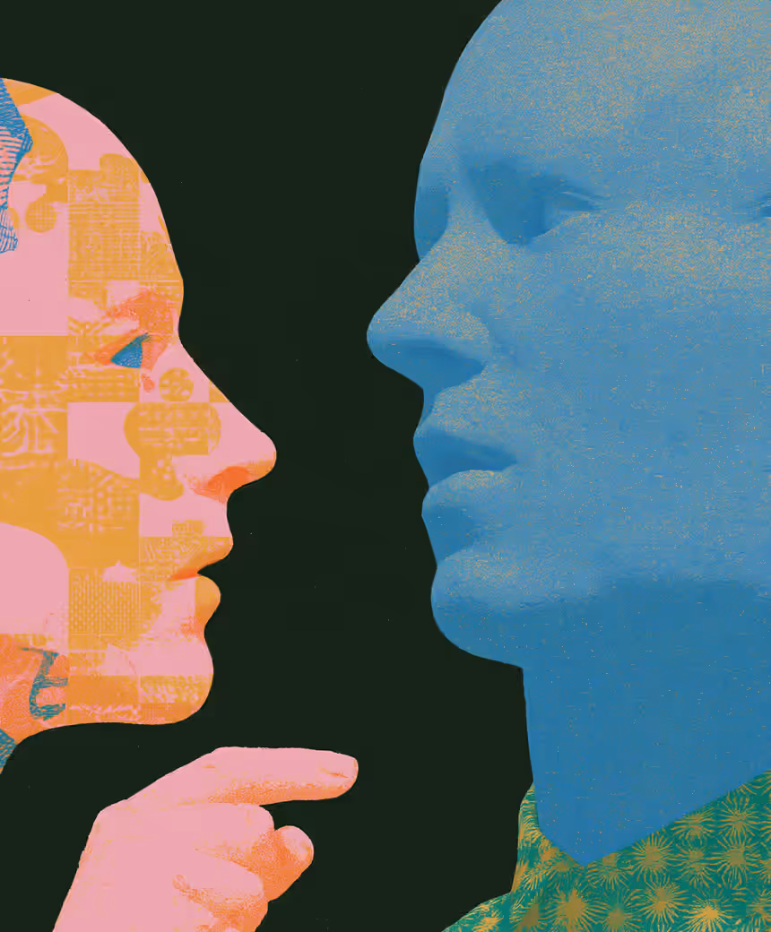 Two stylised profile heads made of currency and history motifs, symbolising money and people.