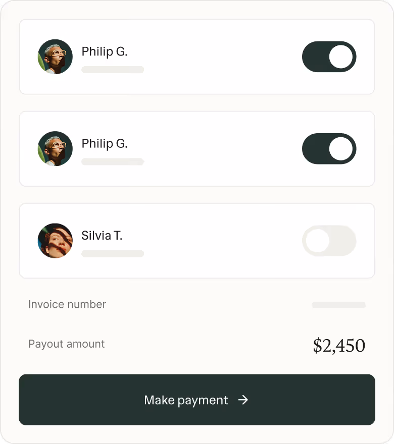 Bulk payout list and contractor amounts in Ruul