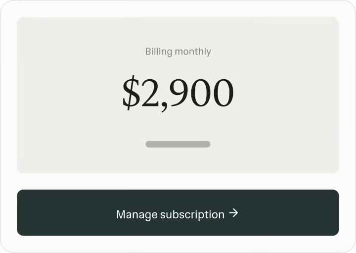 Ruul subscription billing summary with monthly amount and manage subscription