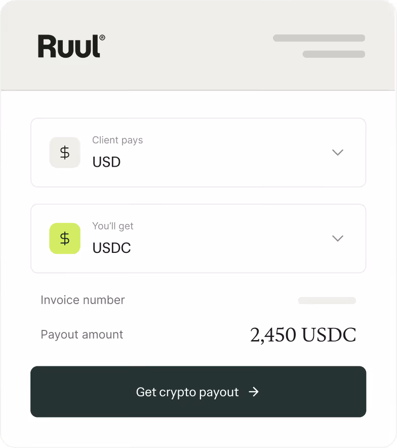 Ruul app: cryptocurrency withdrawal amount and USDC payout details.