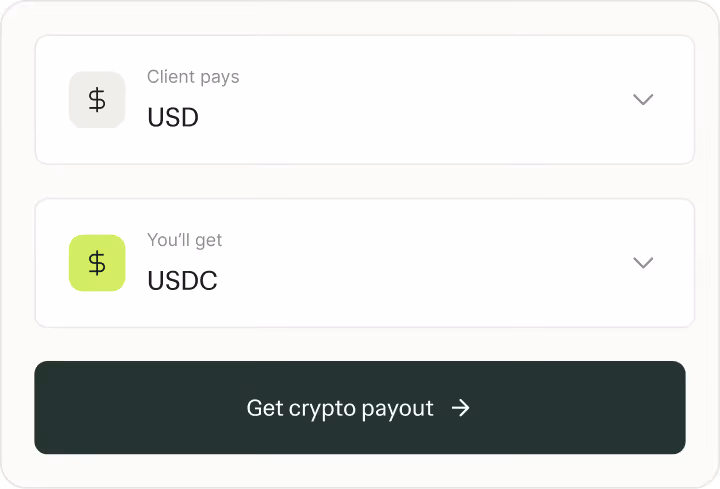 Ruul crypto payout interface showing client pays in USD and freelancer receives USDC