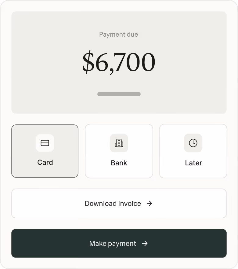 Ruul checkout with line items and amount due.