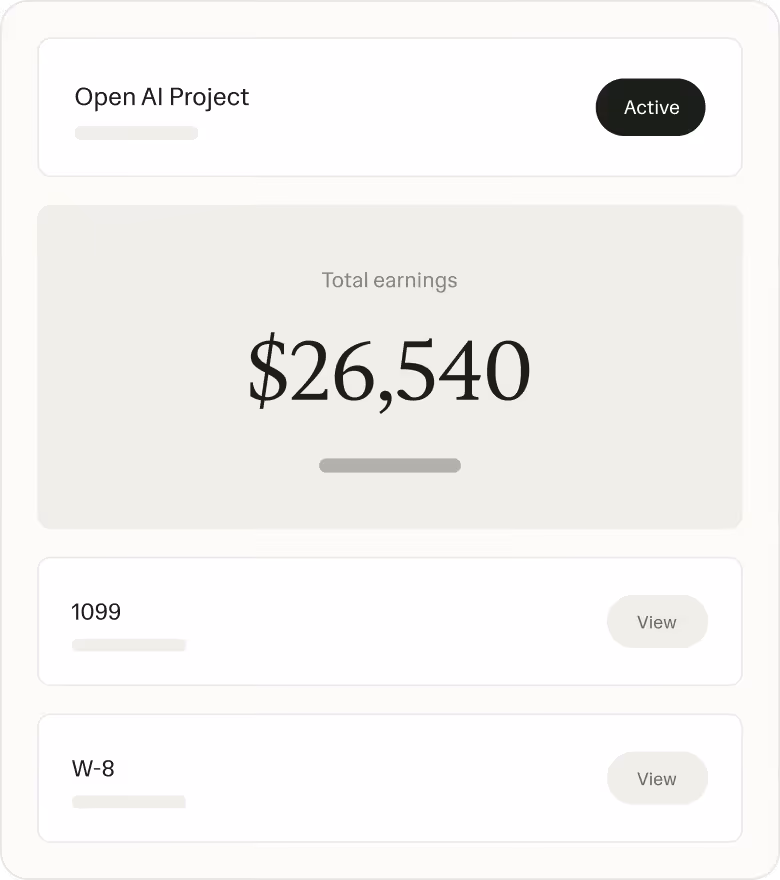 Ruul project summary with total earnings, 1099, and W-8 documents.